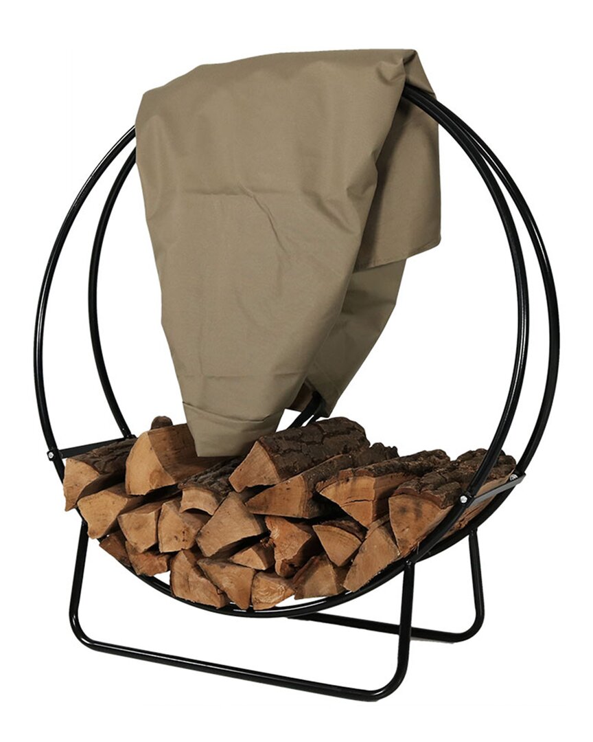 Sunnydaze Firewood Log Hoop Holder With Khaki Cover Outdoor Black Steel In Brown