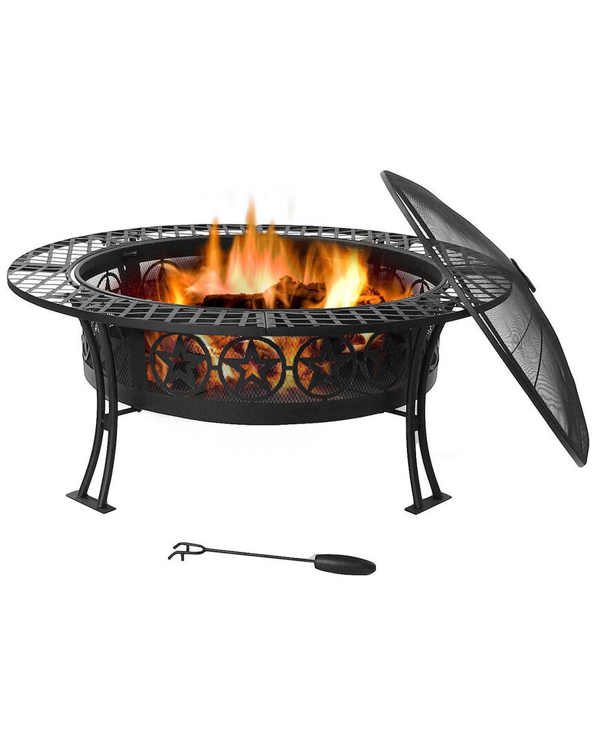 Sunnydaze 40in Fire Pit Black Steel Four Star Design With Spark Screen And Poker