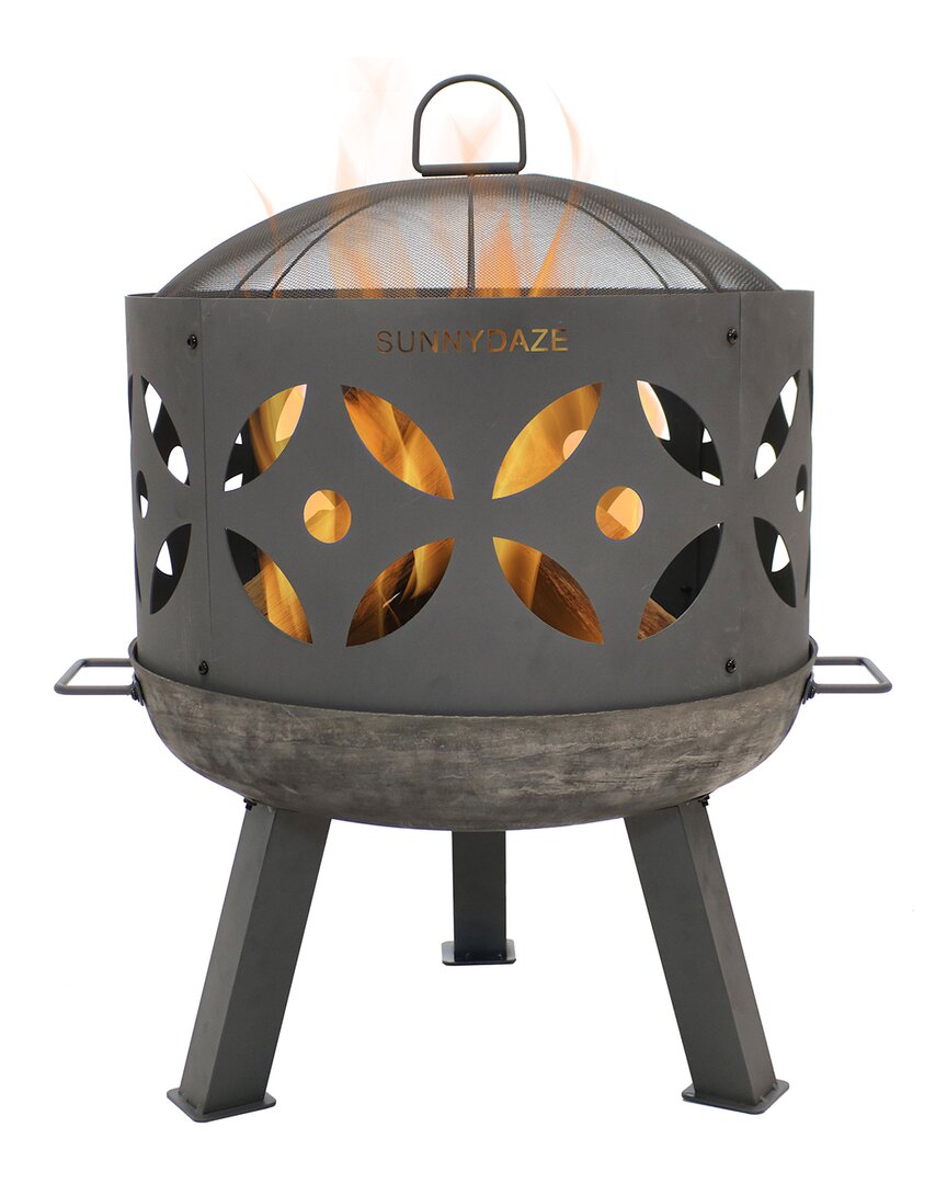 Sunnydaze 26in Fire Pit Cast Iron With Gray Finish Retro Design With Spark Screen In Silver