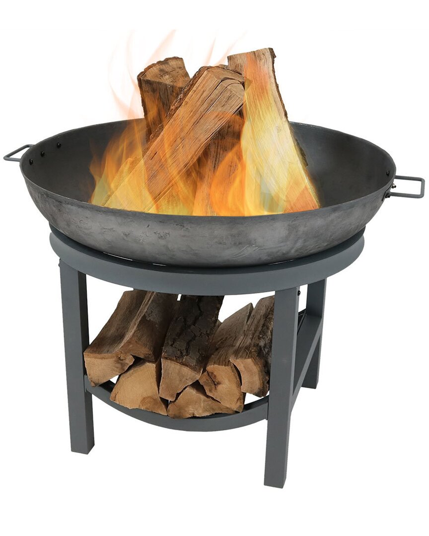 Sunnydaze 30in Fire Pit Cast Iron Wood-burning Fire Bowl With Built-in Log Rack In Grey