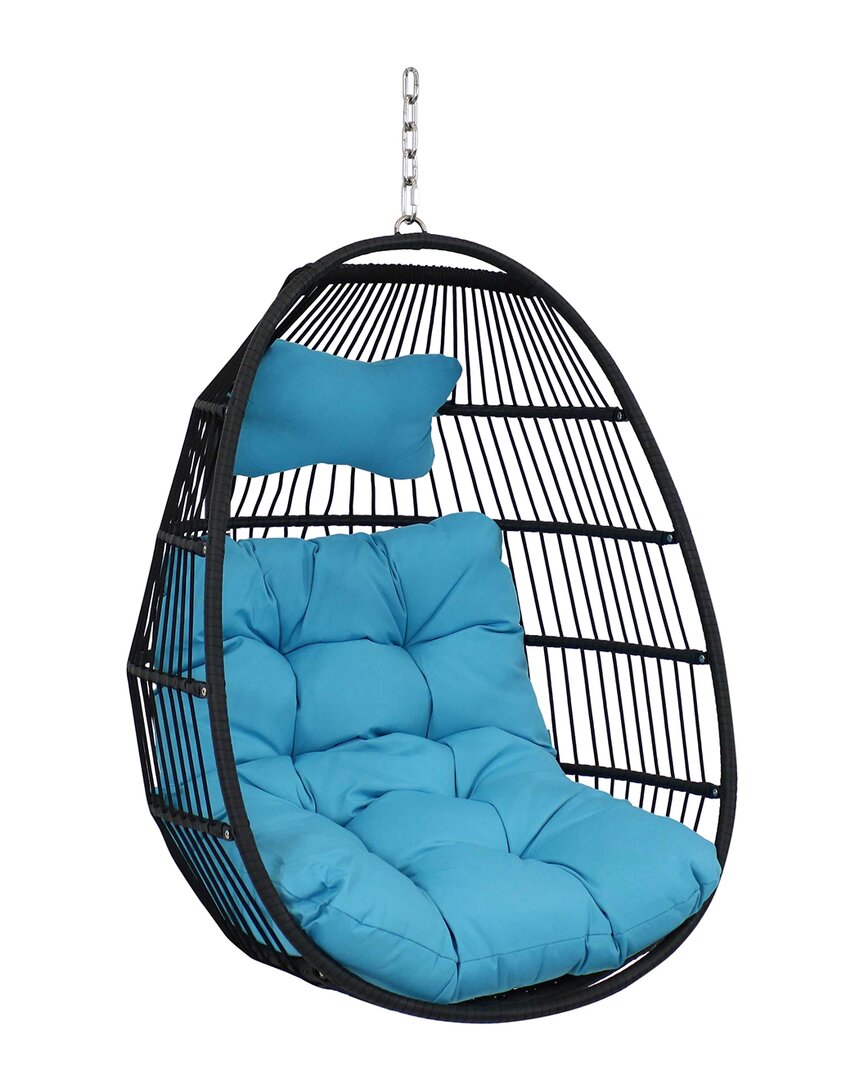 Sunnydaze Julia Hanging Egg Chair With Blue Cushions