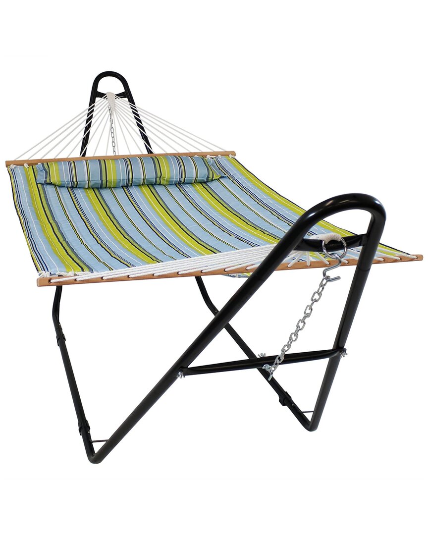SUNNYDAZE SUNNYDAZE BLUE AND GREEN QUILTED FABRIC HAMMOCK WITH MULTI-USE UNIVERSAL STAND 