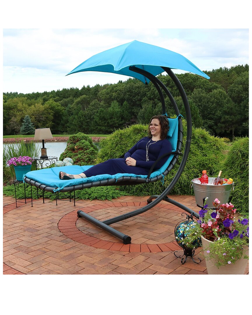 Sunnydaze Hanging Floating Patio Chaise Lounger Chair With Canopy In Blue