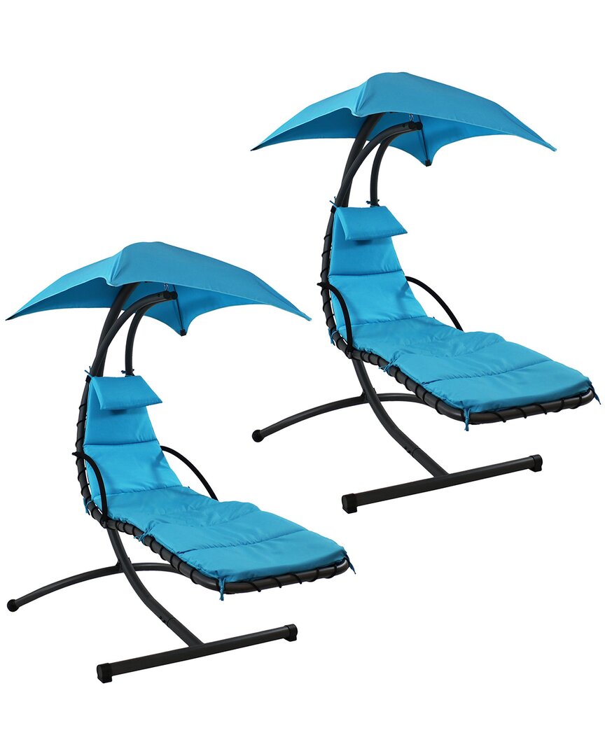 Sunnydaze Outdoor Hanging Chaise Floating Lounge Chair With Canopy Umbrella And Arc Stand In Blue