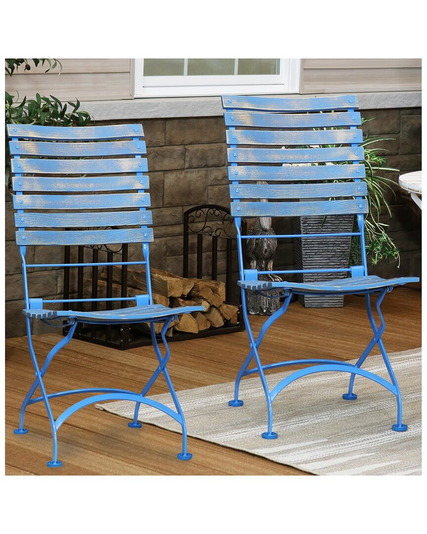 Shop Sunnydaze Cafe Couleur Folding Chestnut Wooden Folding Chair In Blue
