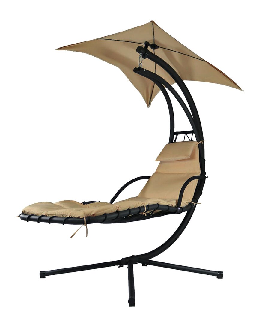 Sunnydaze Beige Hanging Floating Chaise Lounger Swing Chair With Umbrella In Brown