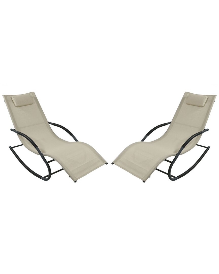 Sunnydaze Outdoor Folding Rocking Chaise Lounge Chair With Headrest Pillows - Beige - 2pk In Cream