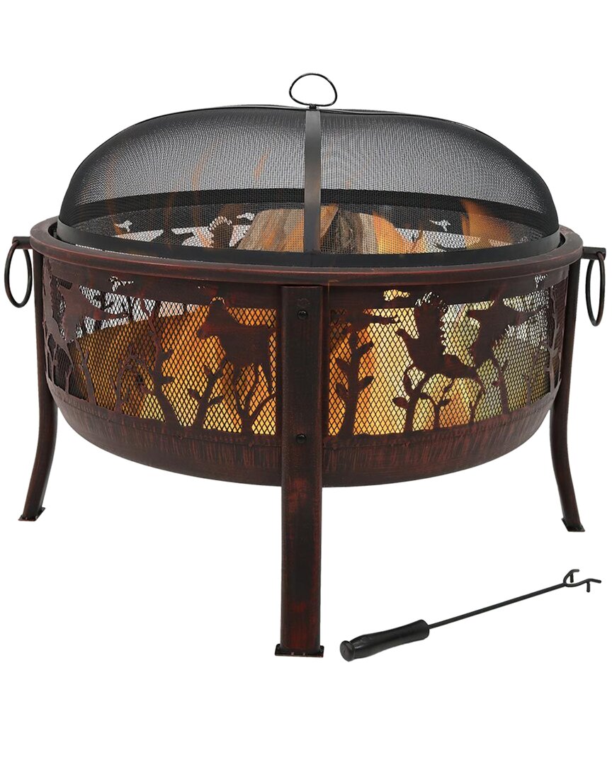 Shop Sunnydaze 30in Fire Pit Steel With Pheasant Hunting Design And Spark Screen In Bronze