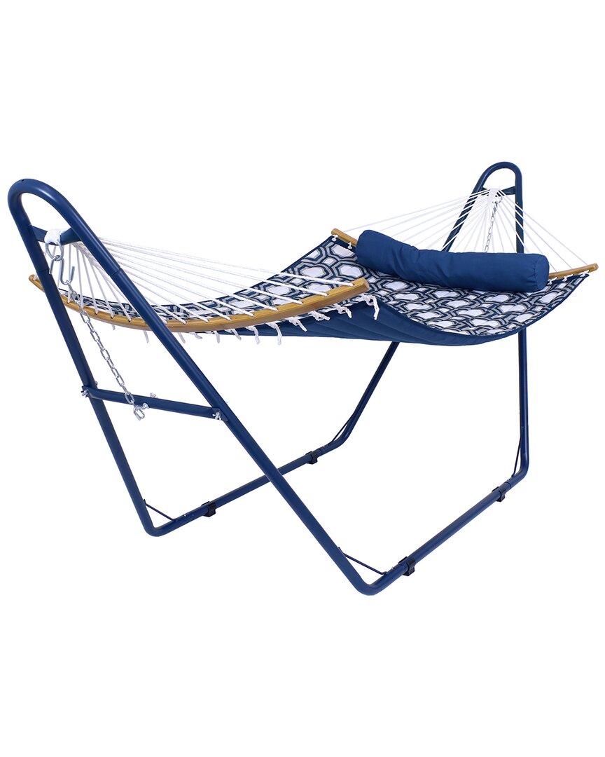 SUNNYDAZE SUNNYDAZE CURVED SPREADER BAR HAMMOCK WITH BLUE STEEL STAND 