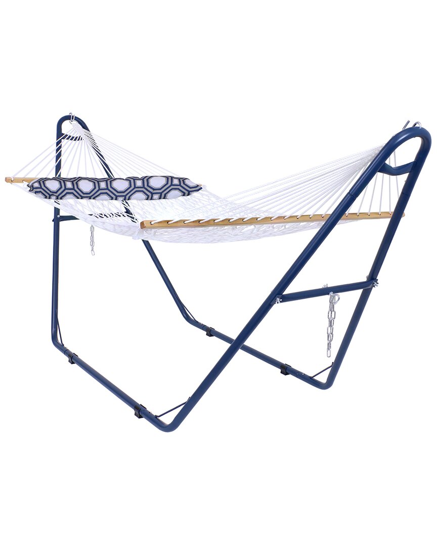 Sunnydaze Rope Hammock With Matte Blue Steel Stand In White