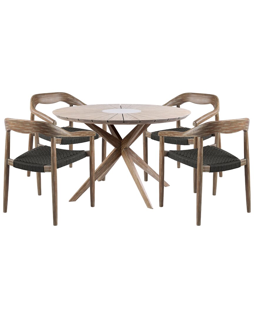 Armen Living Oasis Santo Outdoor Patio 5pc Round Dining Set In Brown