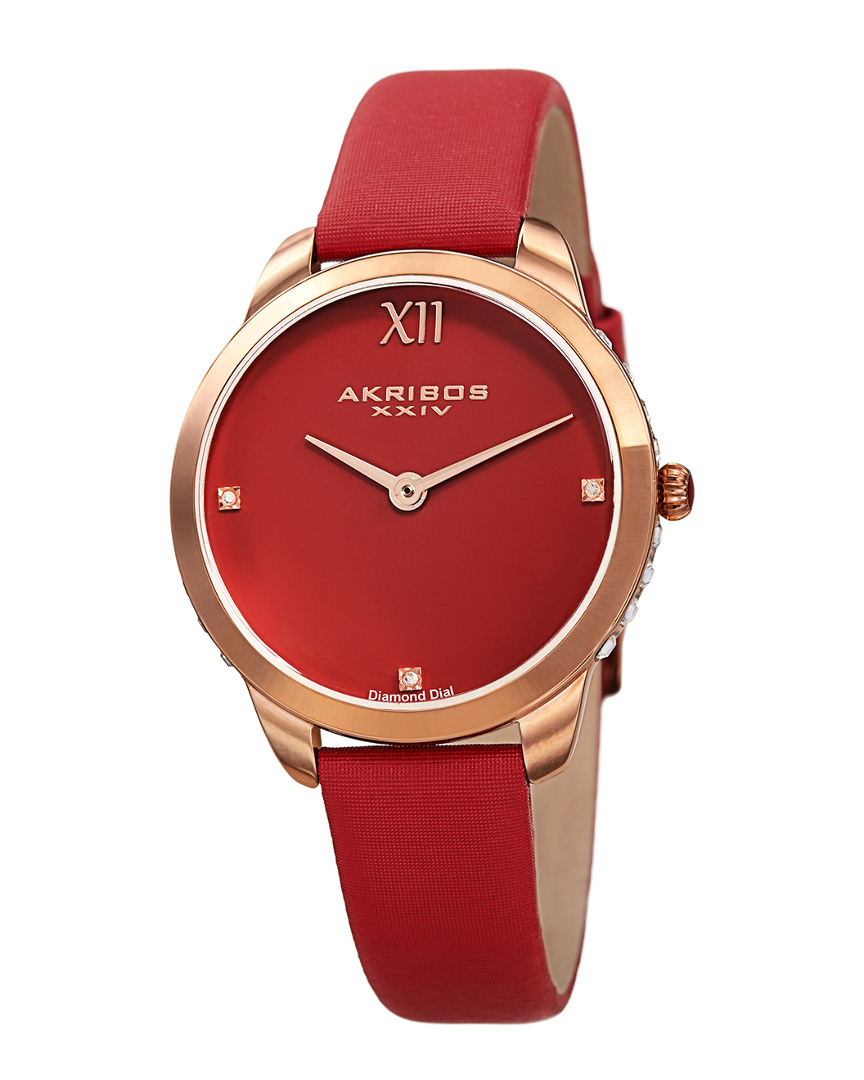 Akribos Xxiv Women's Leather & Silk Diamond Watch
