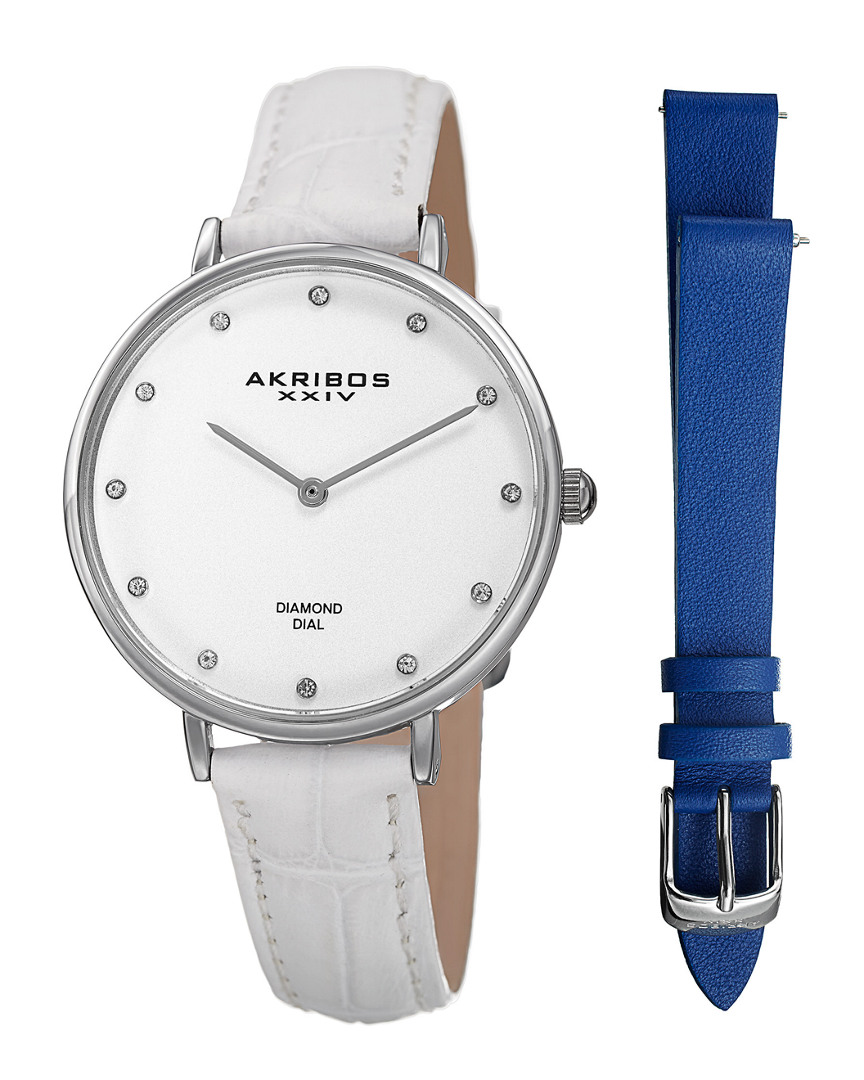 Akribos Xxiv Womens Diamond Watch & Leather Strap Set