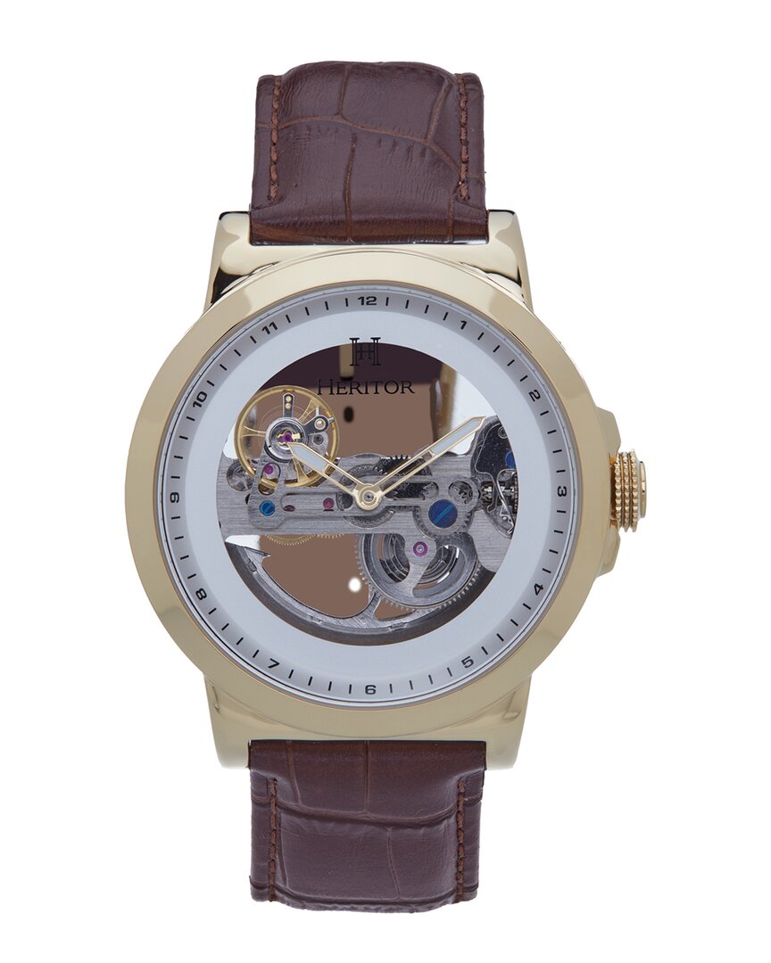 Heritor Automatic Xander Semi Skeleton Leather Band Watch In Brown