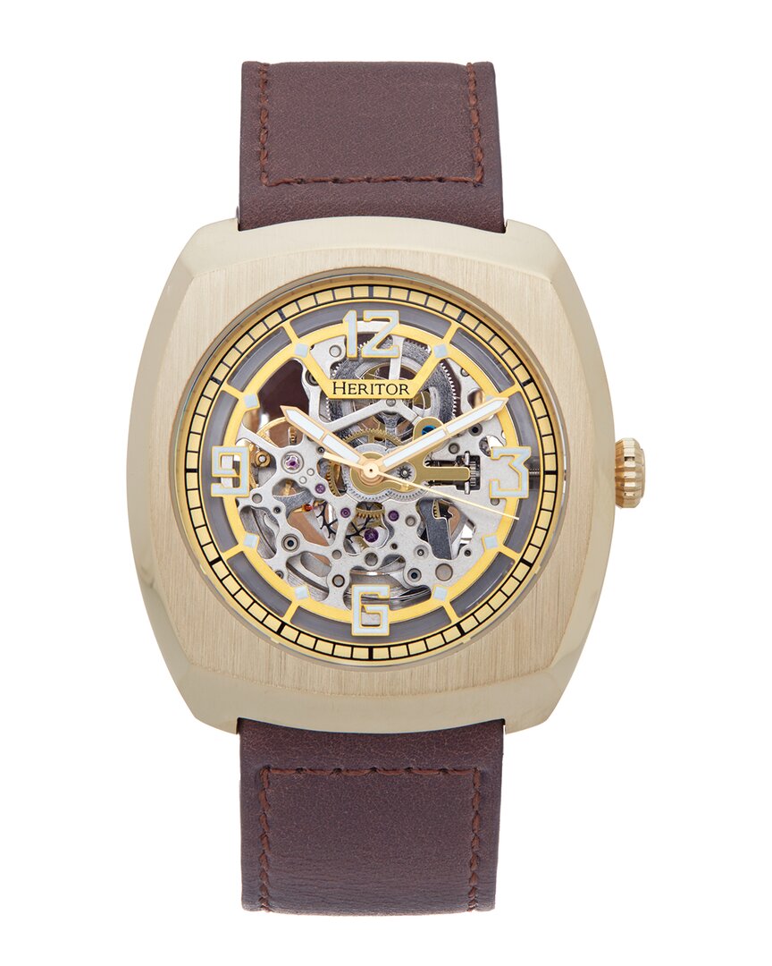 Heritor Automatic Gatling Skeletonized Leather-band Watch In Brown