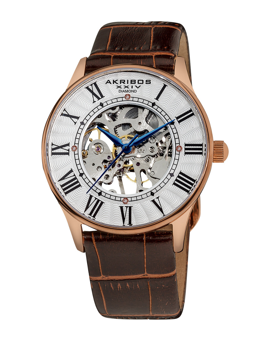 Akribos Xxiv Men's Leather Diamond Watch In Multicolor