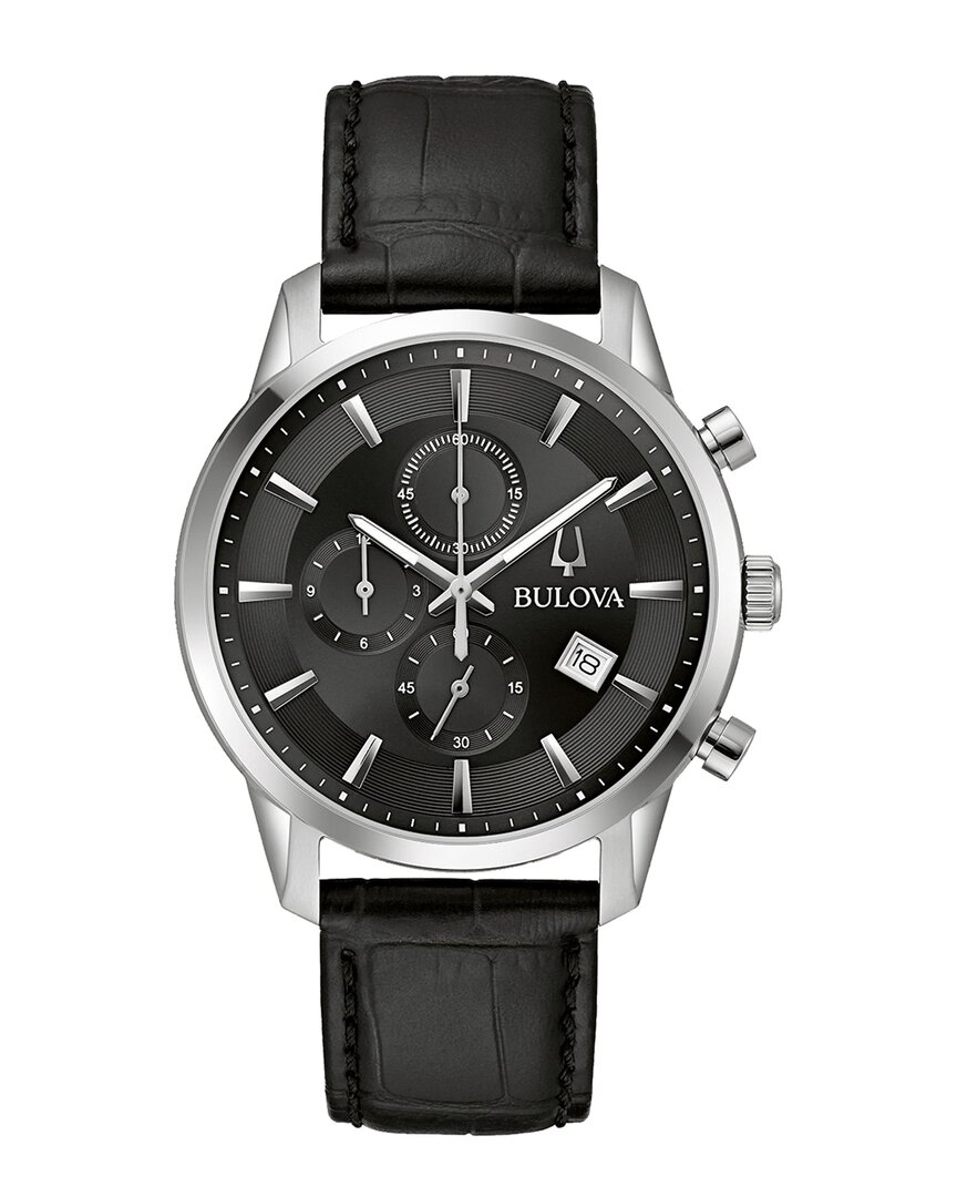 Bulova Men's Chronograph Classic Sutton Black Leather Strap Watch 41mm