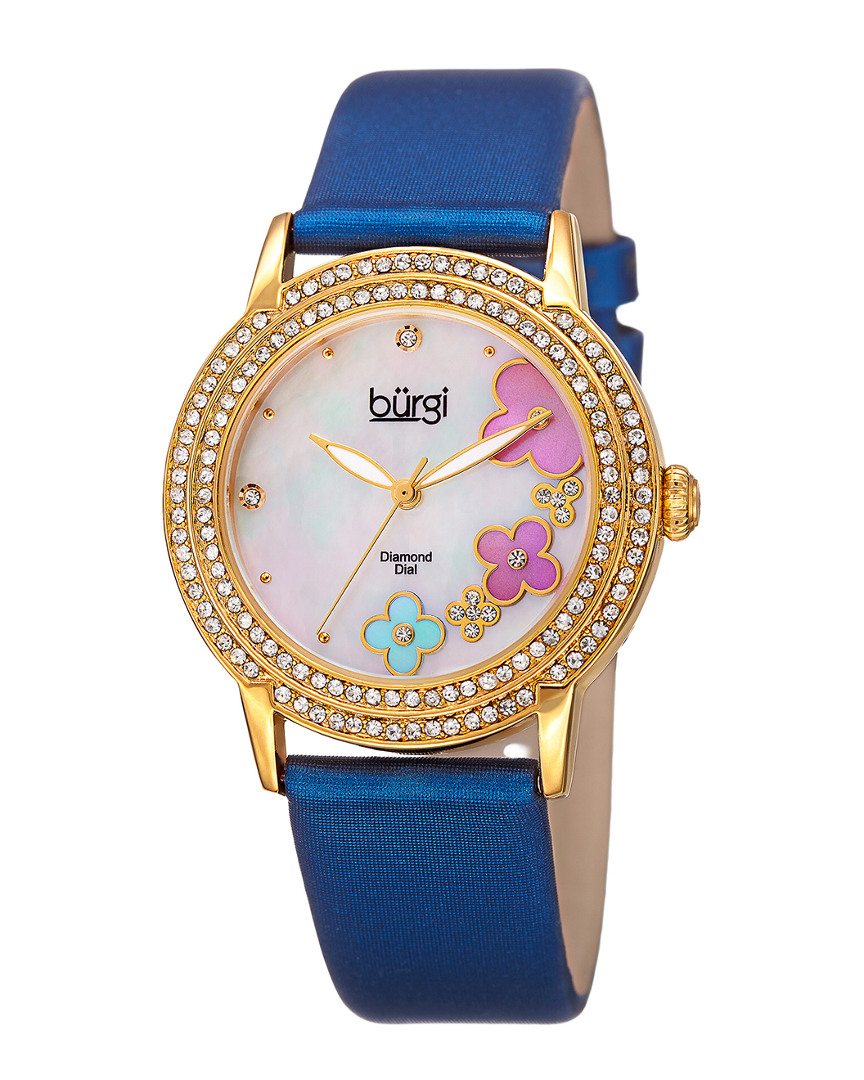 Burgi Women's Satin Over Genuine Leather Diamond Watch