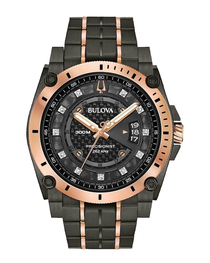 Bulova Men's Precisionist Champlain Diamond-accent Gray & Rose Gold-tone Stainless Steel Bracelet Watch 46. In Black