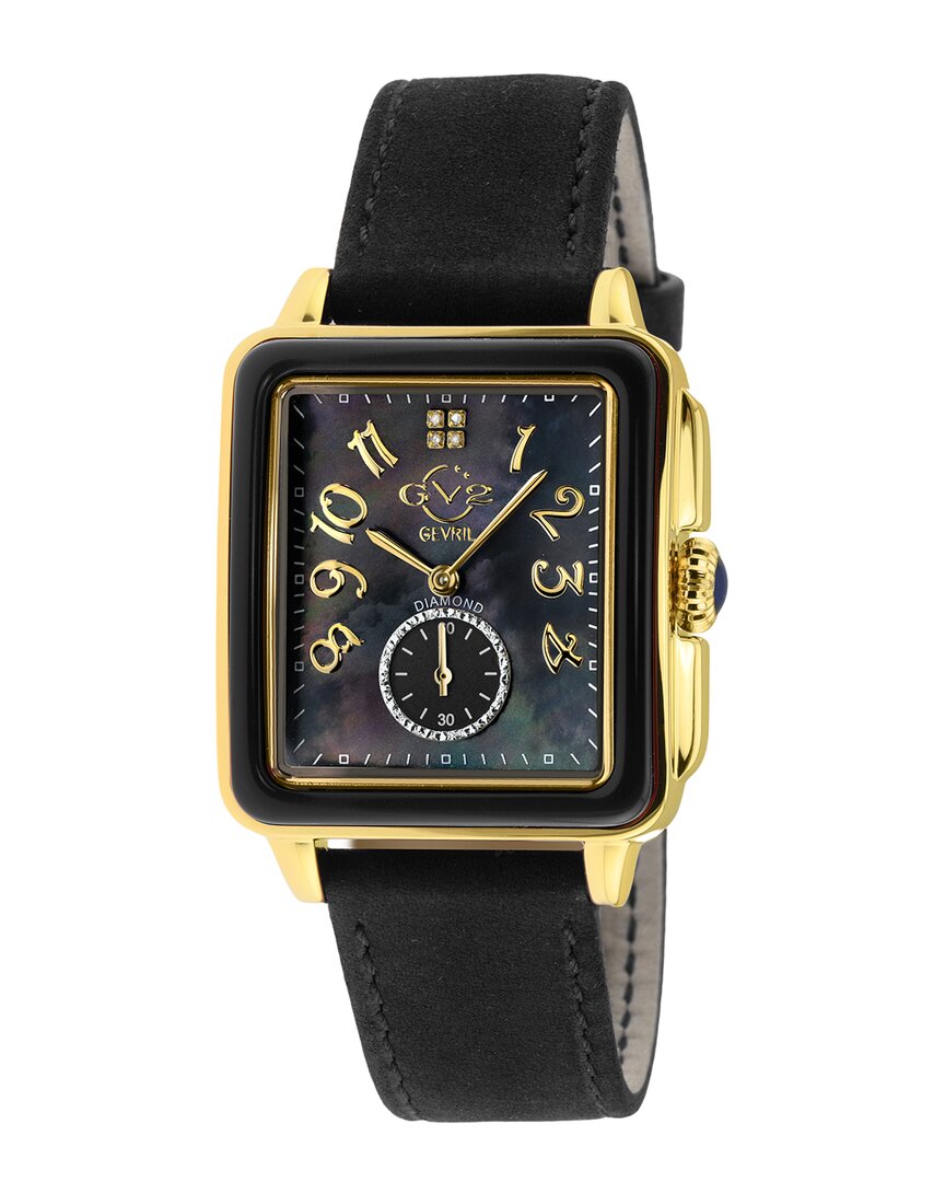 Gv2 Bari Black Enamel Black Mop Dial Diamond Watch, Genuine Black Leather Strap