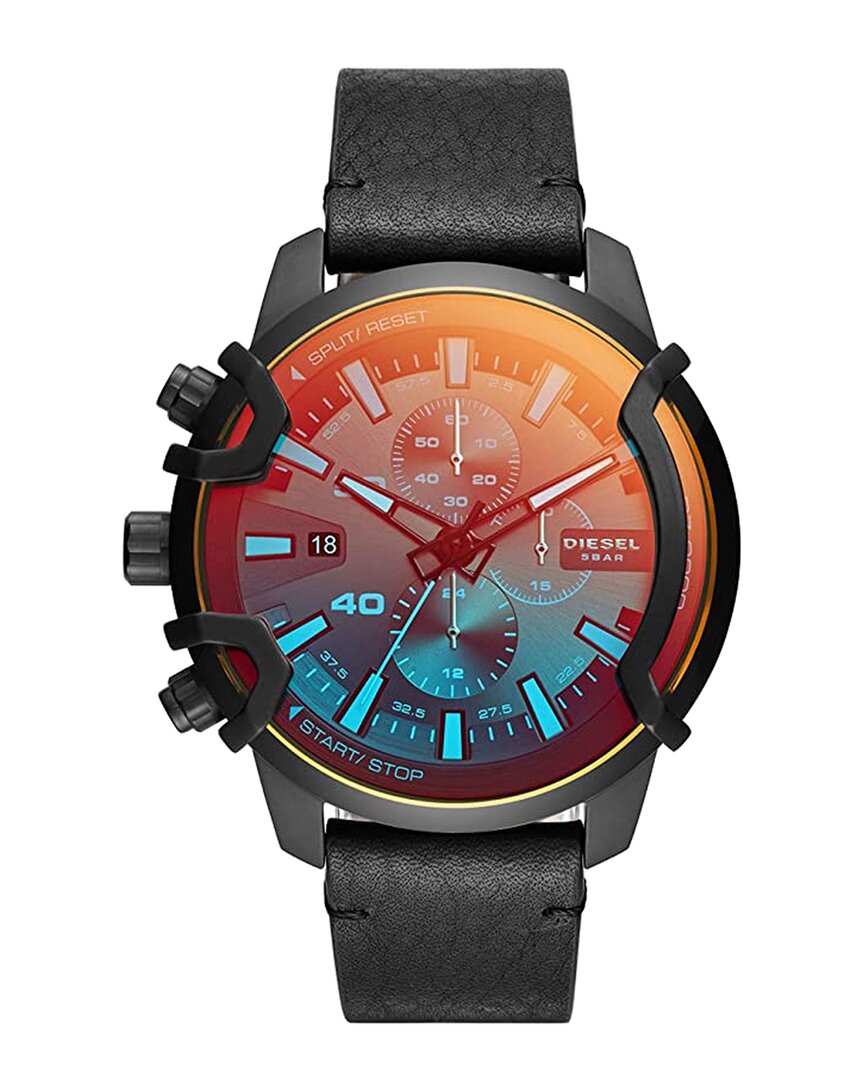 Diesel Men's Chronograph Griffed Black Leather Strap Watch 46mm In Black