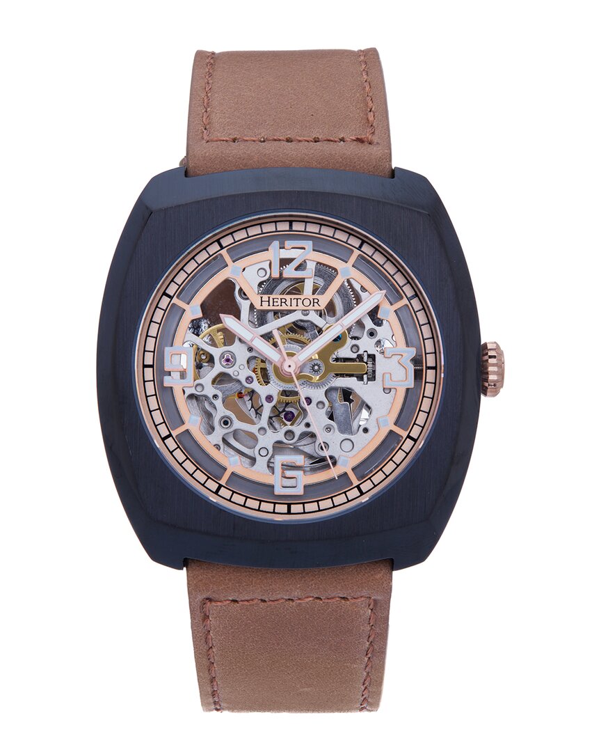 Heritor Automatic Gatling Skeletonized Leather-band Watch In Brown