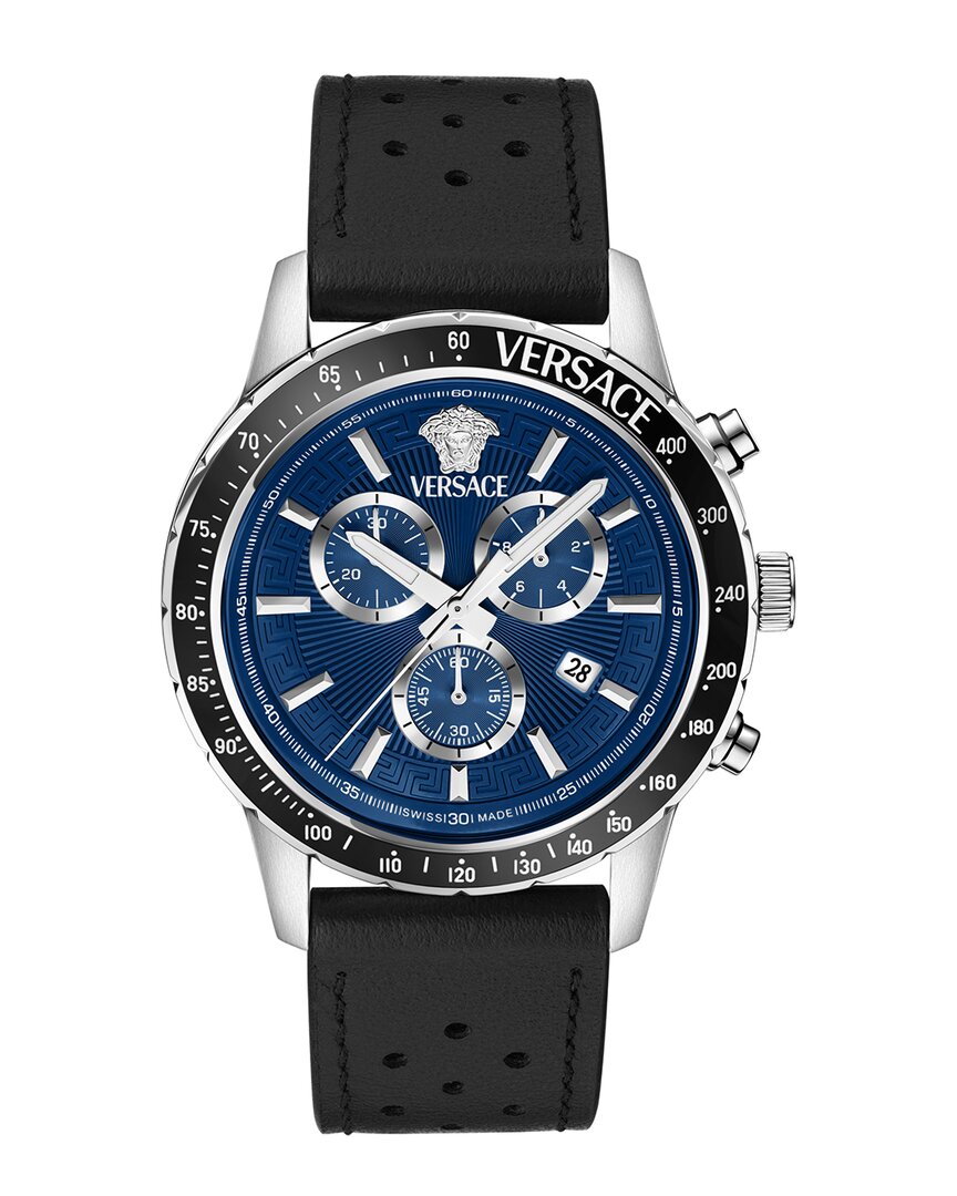 Versace Sport Chrono Leather Watch In Black
