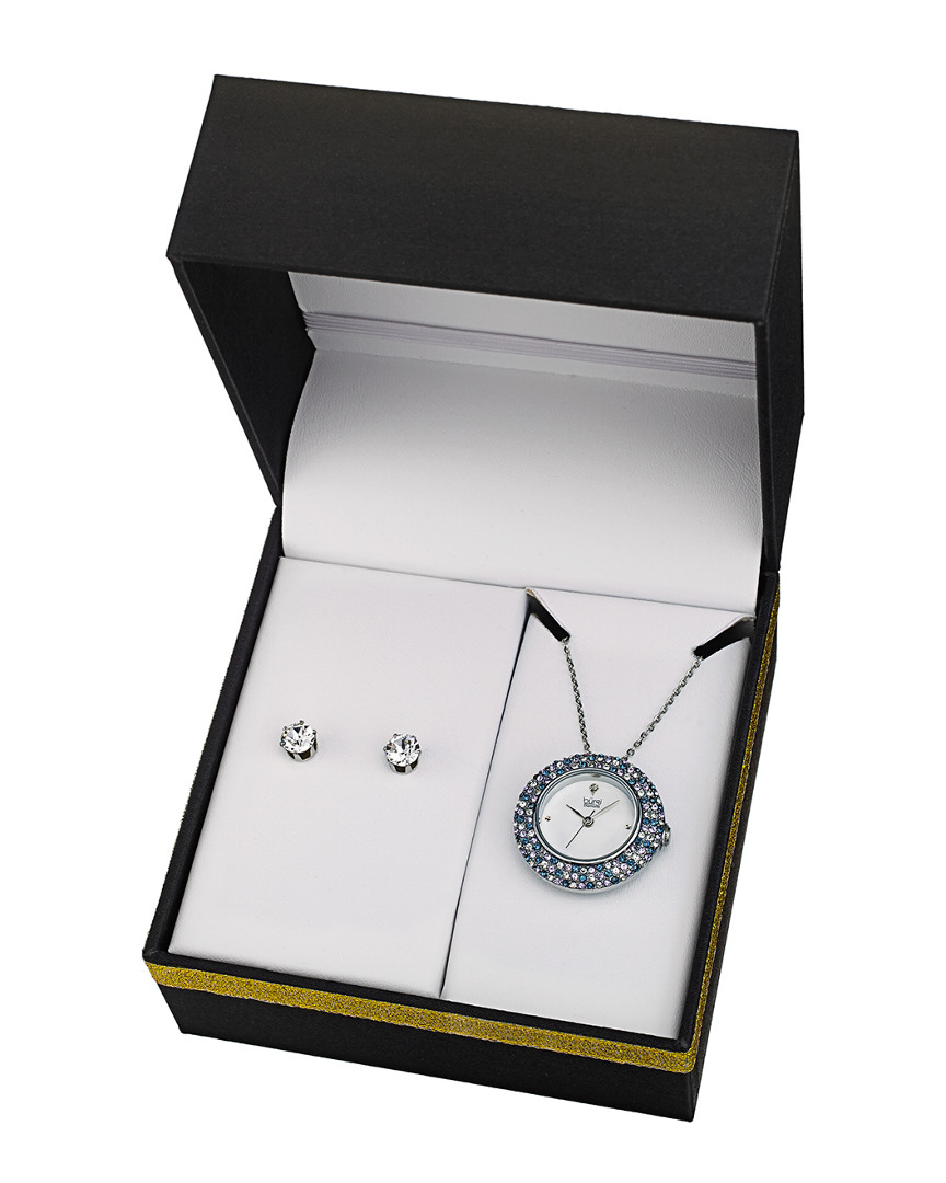 Burgi Women's Brass Watch Pendant Necklace & Studs Set