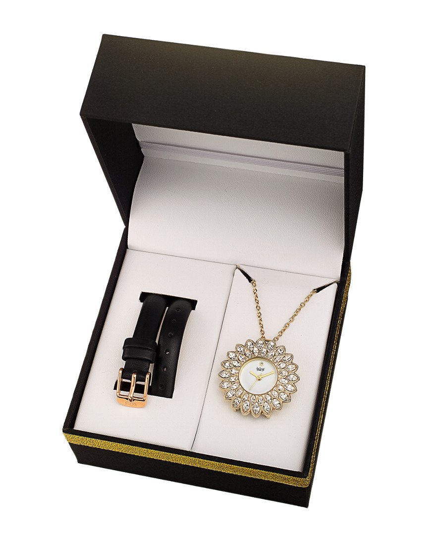 Burgi Women's Leather Interchangeable Watch & Pendant Necklace Set