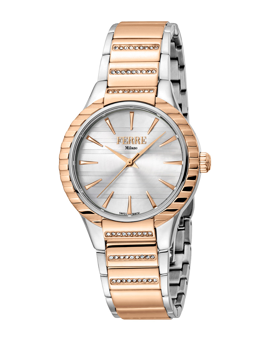 Ferre Milano Ladies Silver Dial Ss Mb.middle Links In Rg. Watch