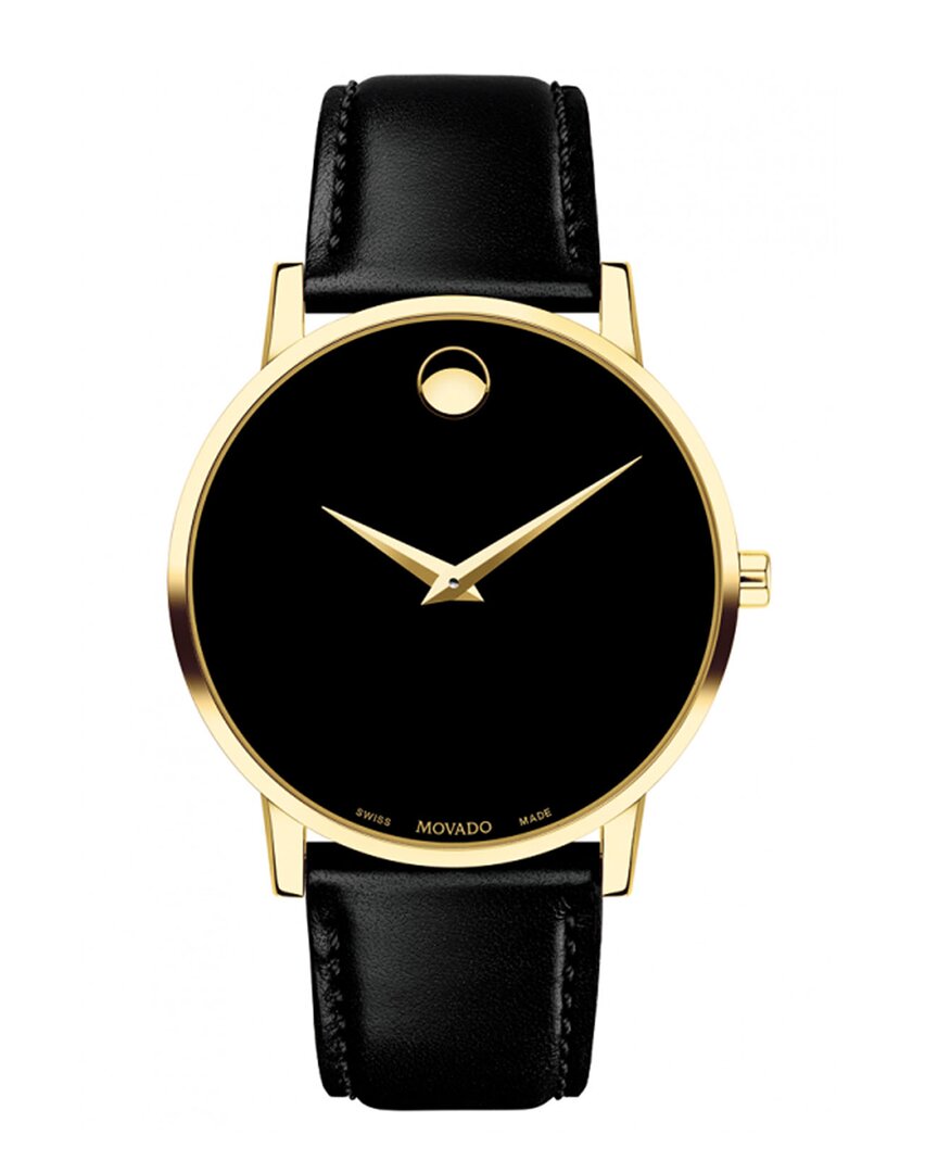 Movado Men's 40mm Ultra Slim Pvd Watch With Black Leather Strap Museum Dial