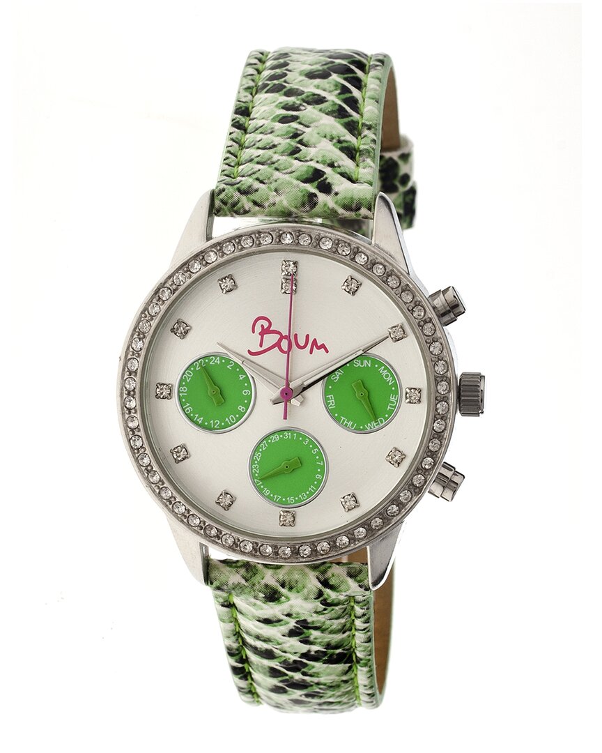 Boum Serpent Multi-function Silver Dial Green Leather Ladies Watch Bm2405 In Green / Silver