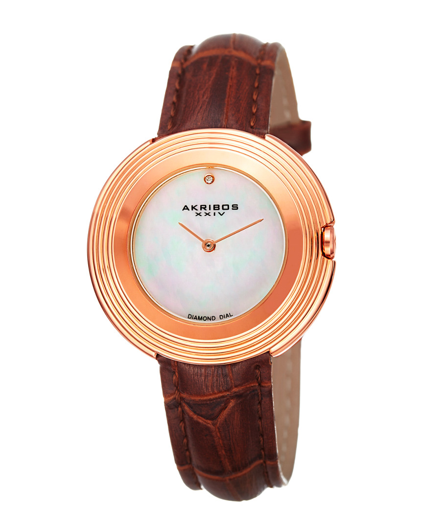 Akribos Xxiv Women's Brown Genuine Leather Diamond Watch