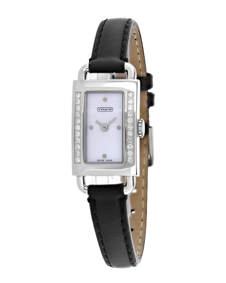 Coach Women's Black Leather Mother Of Pearl White Mop Dial Watch