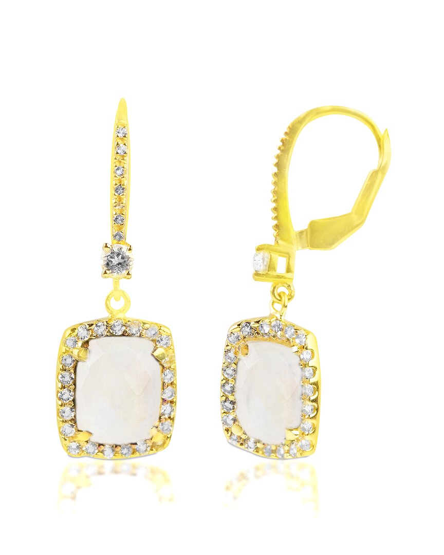 Maxcolor 18k Gold Plated Genuine Moonstone Cushion Cut Dangle Drop Earrings With White Topaz Accents