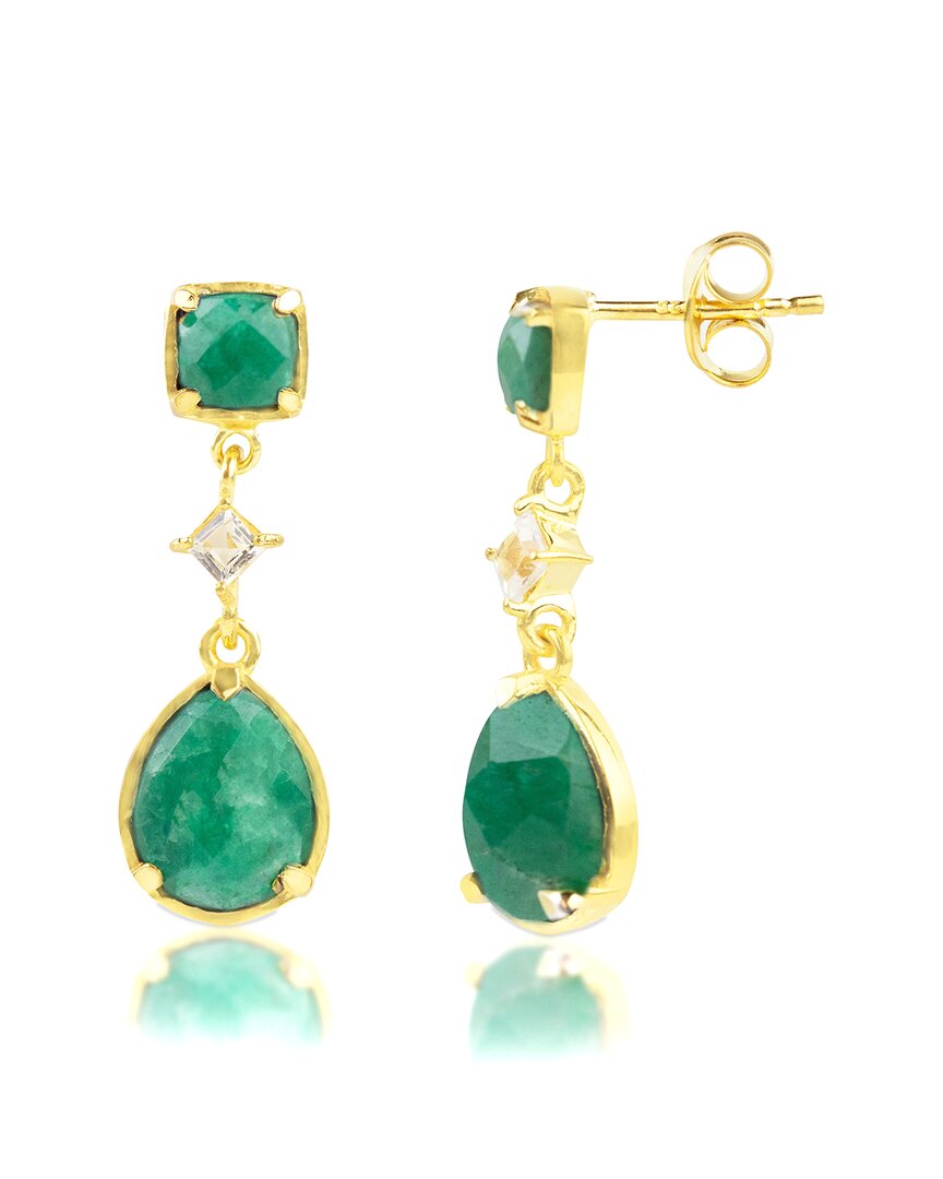 Maxcolor 18k Gold Plated Genuine Blue Sapphire 3 Stone Dangle Drop Earrings