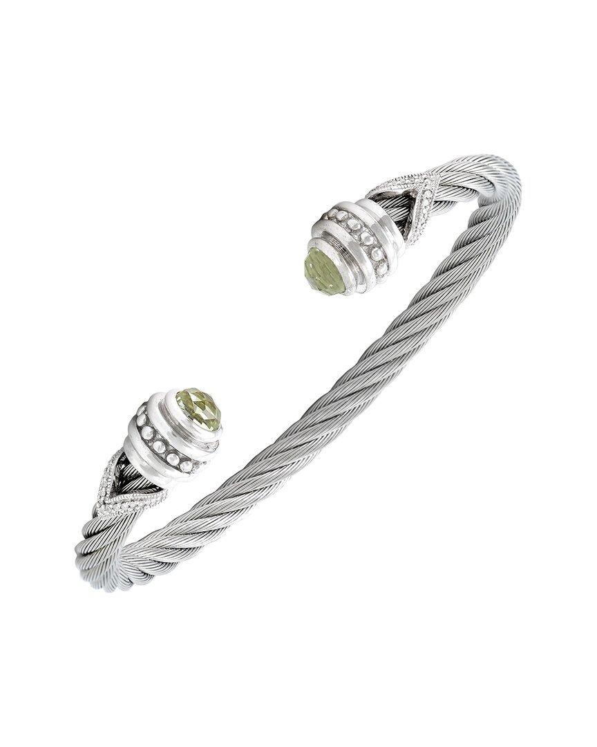 Gemstones Silver & Stainless Steel 1.84 Ct. Tw. Diamond & Lemon Quartz Bangle Bracelet
