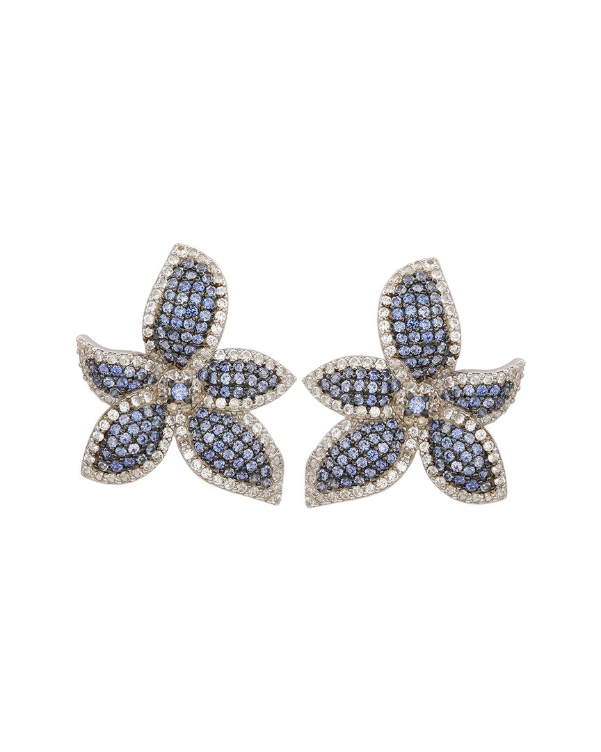 Suzy Levian Floral Sterling Silver White Sapphire Blue Sapphire Brown Diamond Stud Earrings