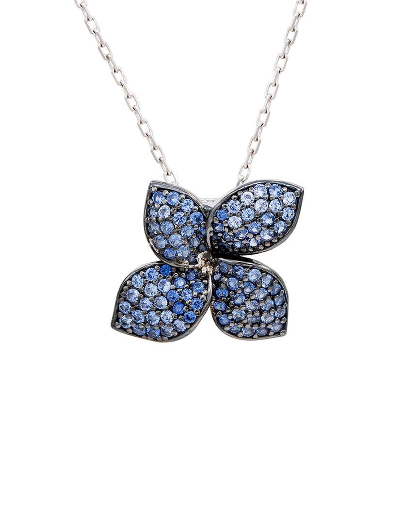 Suzy Levian Blue Sapphire And Diamond Accent In Black Sterling Silver Abstract Flower Pendant In Metallic