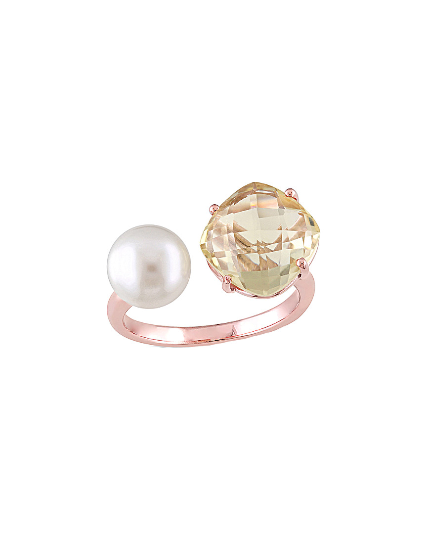 Shop Pearls Rose-gold Over Silver 0.70 Ct. Tw. Lemon Quartz & Pearl Ring