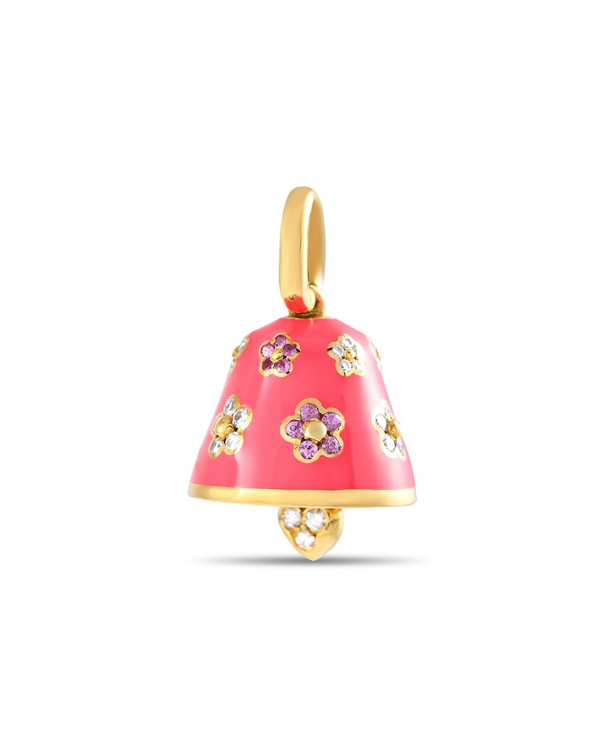 Aaron Basha 18k Yellow Gold 0.36 Ct Diamond, Sapphire, And Pink Enamel Flower Bell Charm Pendant Ab47-111324