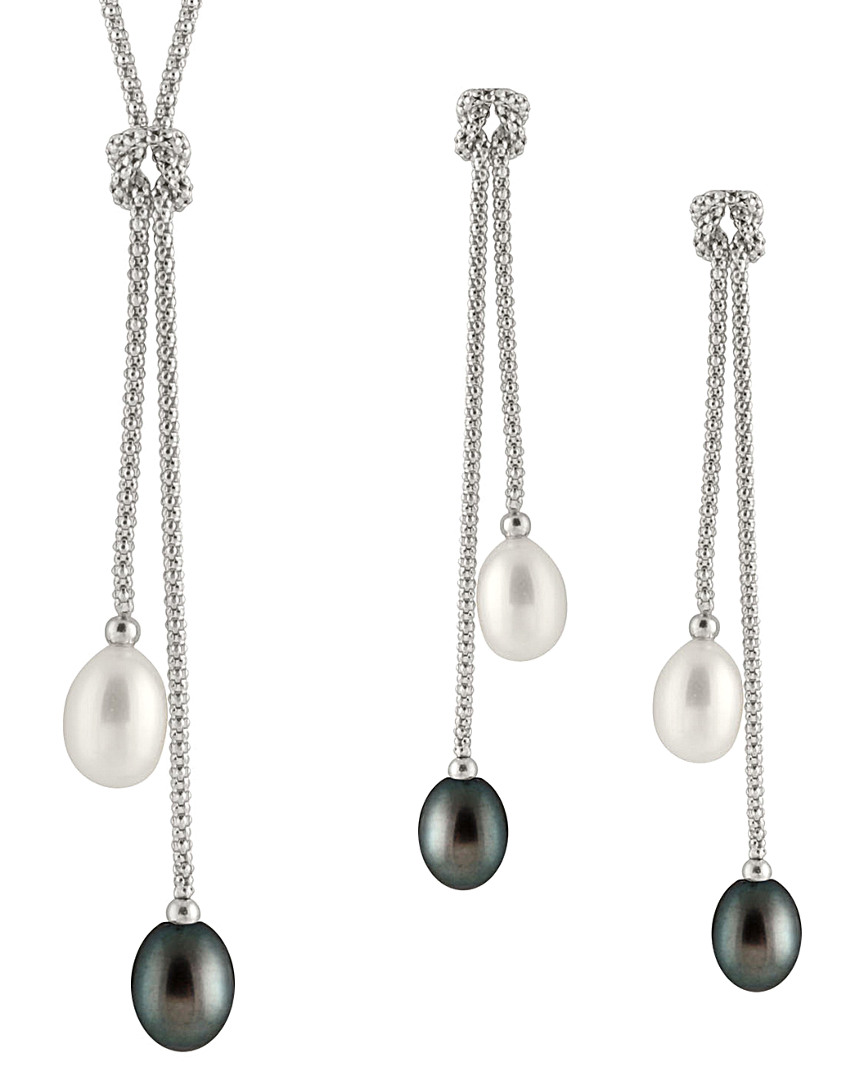 Splendid Pearls Rhodium Plated Silver 7-8mm Freshwater Pearl Necklace & Earrings Set