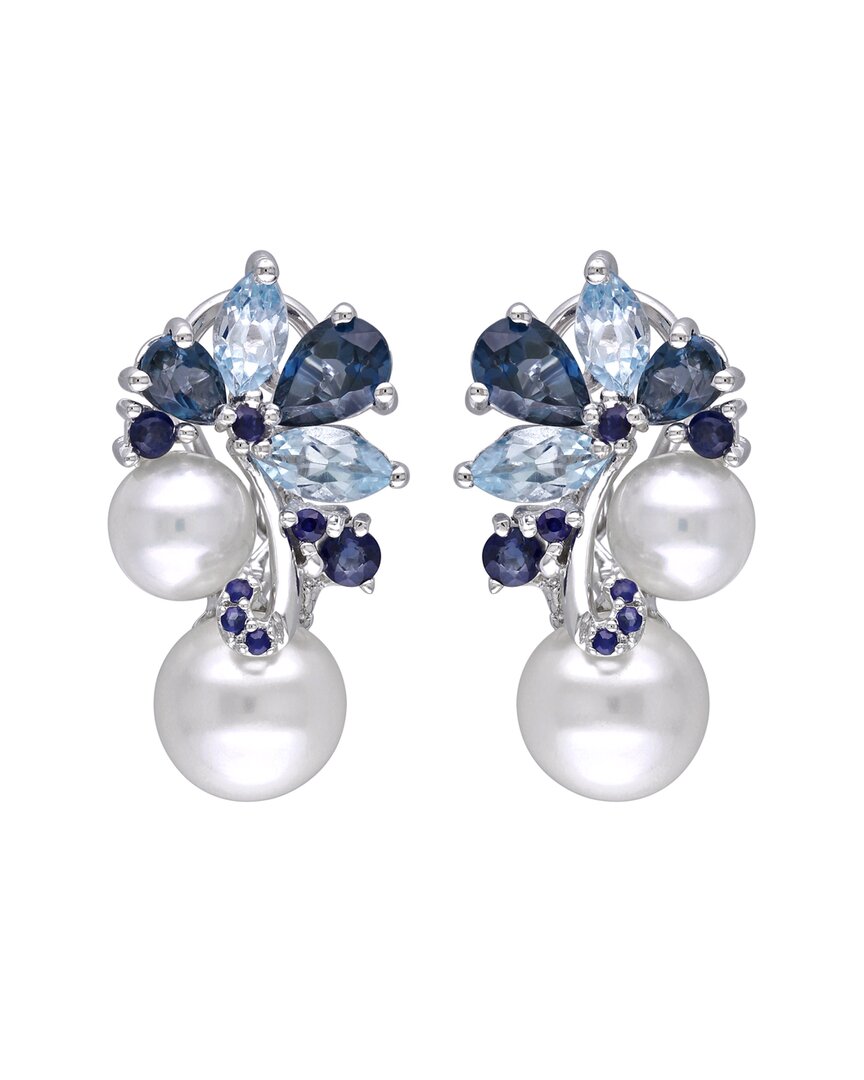 Pearls Silver 3.00 Ct. Tw. Gemstone & 6-8.5mm Freshwater Pearl Earrings