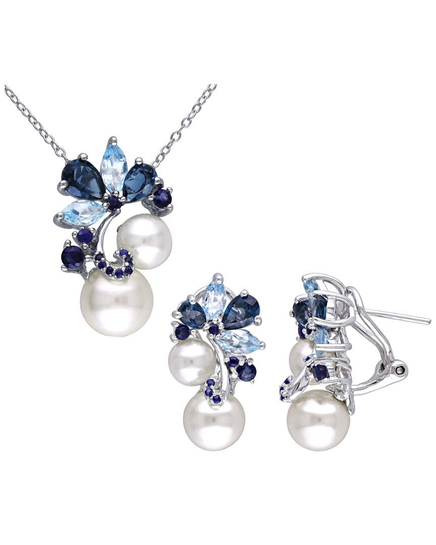 Pearls Silver Gemstone & Pearl Earrings & Necklace Set