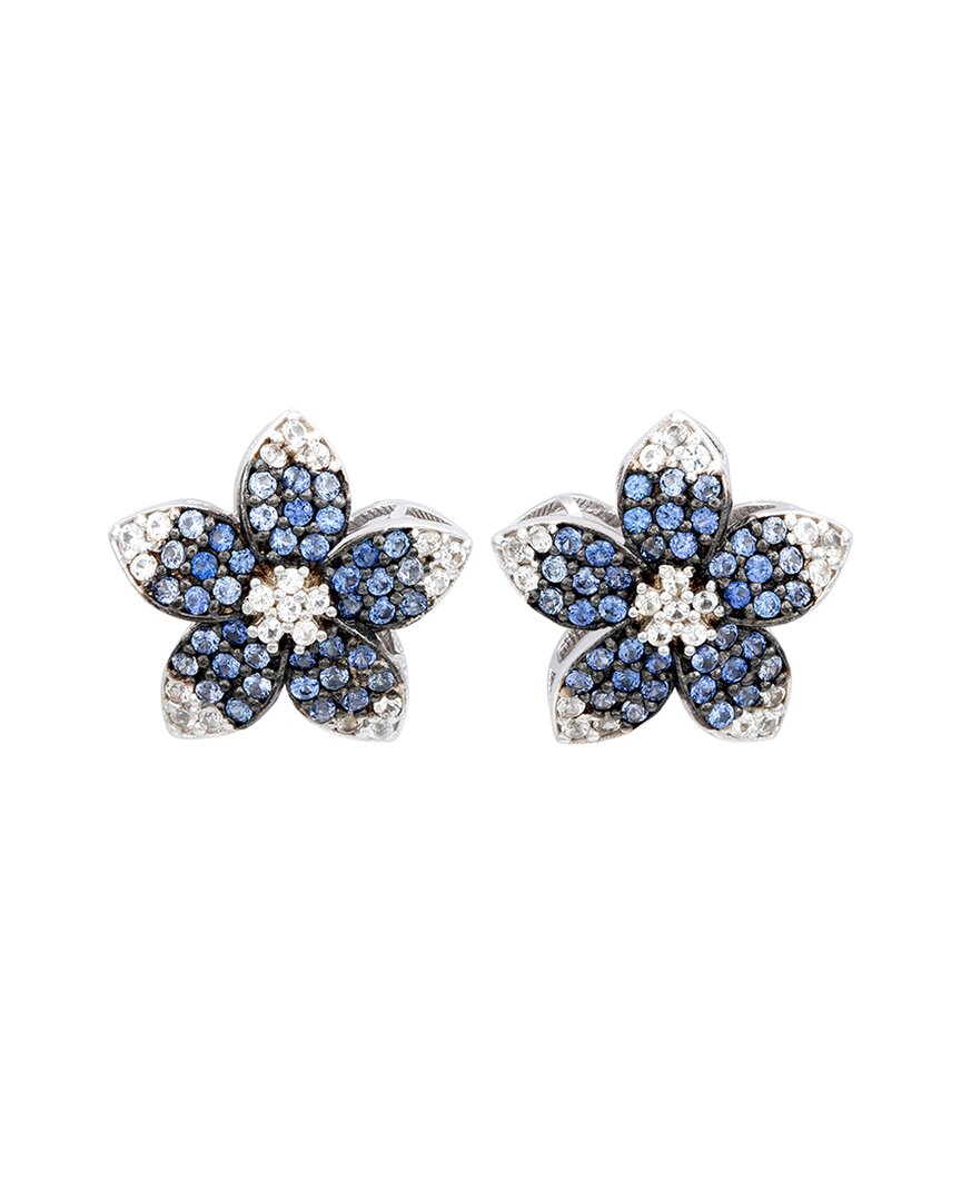 Suzy Levian Silver 0.02 Ct. Tw. Diamond & Blue Sapphire & Created White Sapphire Flower Earrings