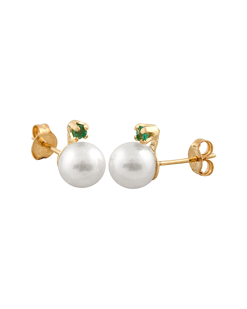 Masako Pearls 14k 0.10 Ct. Tw. Emerald & 7-8mm Akoya Pearl Earrings