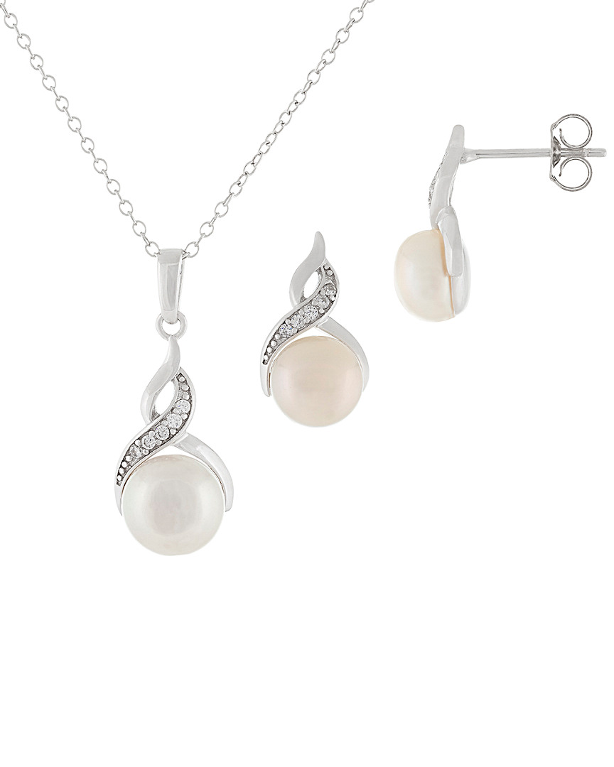 Splendid Pearls Rhodium Plated Silver 7-9mm Freshwater Pearl Necklace & Earrings Set