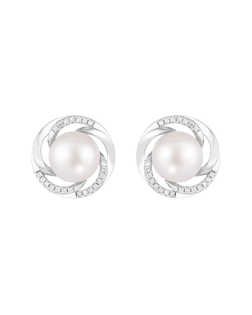 Splendid Pearls Silver 9-10mm Pearl Cz Earrings
