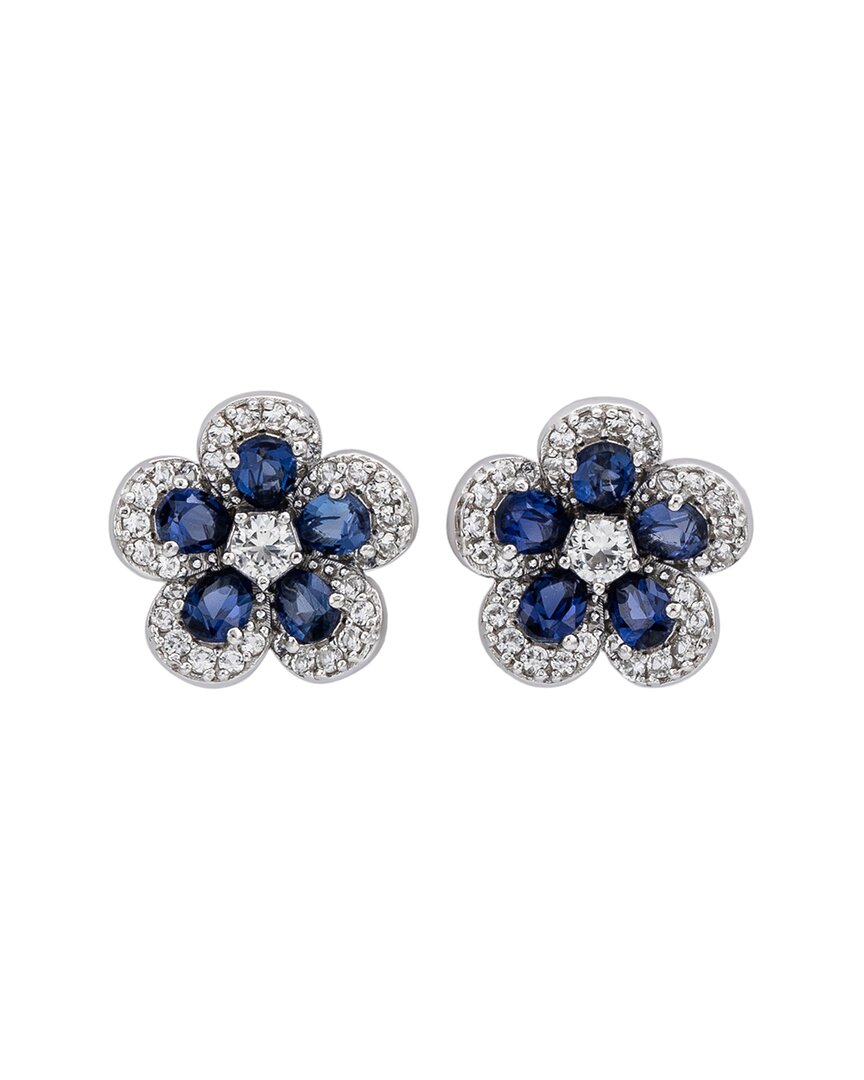 Suzy Levian Sterling Silver Blue Sapphire Created White Sapphire Petite Flower Earrings In Metallic