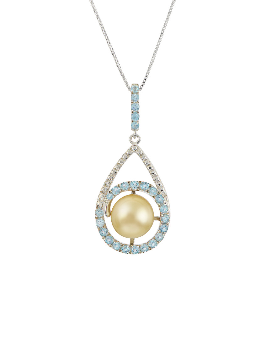 Pearls Imperial Silver Blue Topaz & 10-11mm Golden South Sea Pearl Pendant Necklace